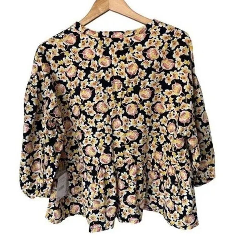 Free People Womens Linen Highlander Floral Peasant Top S Oversized Boho Cottage - Picture 3 of 3